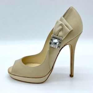 Jimmy Choo “Grant” Satin Peep Toe Heels